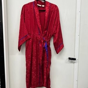 RARE Vintage Victoria's Secret Gold Label Belted Robe Damask Satin Red Purple